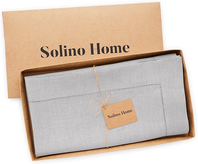 Solino Home Soft Grey Linen Tablecloth 52 x 52 Inch - 100% Pure Linen Square Table Throw - Classic Hemstitch, Machine Washable Table Cloth for Winter, New Year