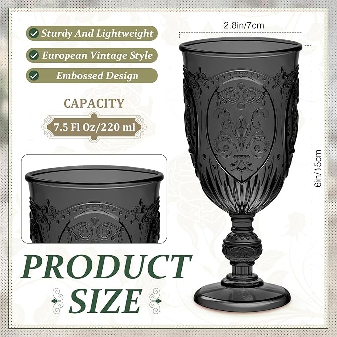 24 Pcs Plastic Goblets 7.5oz Vintage Goblet Plastic Wine Glasses Colored Retro Embossed Water Goblets for Wine Bar Juice Baby Shower Wedding Reception Grand Event Party (Black)