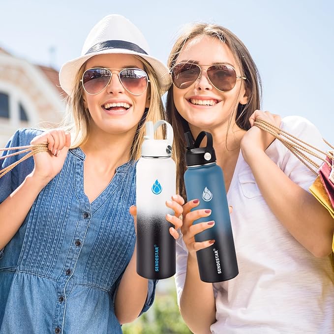 SENDESTAR Stainless Steel Water Bottle, Wide Mouth 40 oz Water Bottle with Straw Lid, Spout Lid, Double Wall Vacuum Insulated Leak Proof, Keeps Liquids Hot or Cold (Peach)