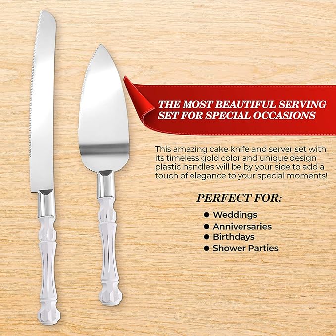 Homi styles White Elegant Cake Knife and Server Set, Cake Cutter and Pie Spatula, Cake Server and Knife Set of 2 with Thick Blades,Rustic Wedding Cake Cutting Set, Birthdays, Anniversaries,Parties