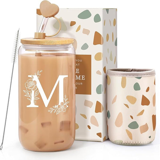 Personalized Gifts for Women, Monogrammed Gifts for Women, Initial 16 oz Glass Cups With Lids and Straws, Customized Mug, Personalized Birthday Gifts Christmas Gifts for Her Mom Friend Woman, M