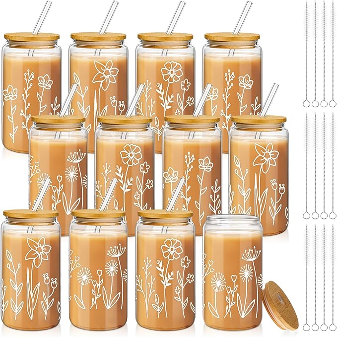 Mumufy Gift for Women Cute Glass Cup Tumbler Flower Iced Coffee Mugs 16 oz Glass with Bamboo Lid & Straw, Mothers Day Birthday Gift for Mom Sister Bridesmaid Baby Shower(12 Pack,Boho Floral)