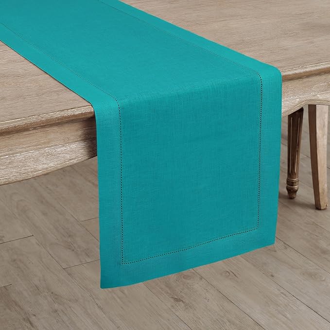 Solino Home Linen Table Runner 120 Inches Long - 100% Pure Linen Teal Table Runner 14 x 120 Inch for New Year - Classic Hemstitch