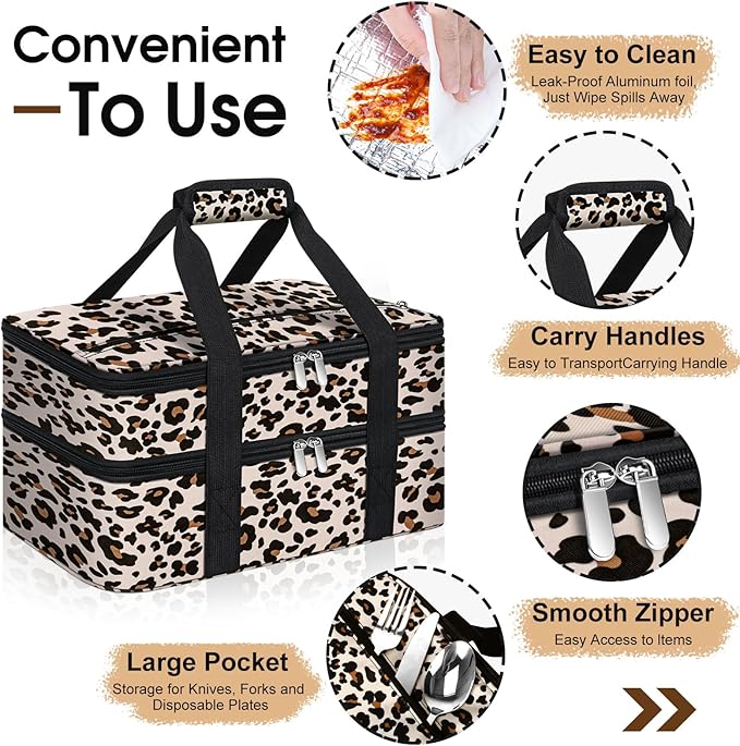 Double Insulated Casserole Carrier, Portable Casserole Carrier for Hot or Cold Food Lunch Tote Warmer or Cooler Bag, Lasagna Lunch Bag for Potluck Parties- Fits 9" x 13" Baking Dish-Leopard