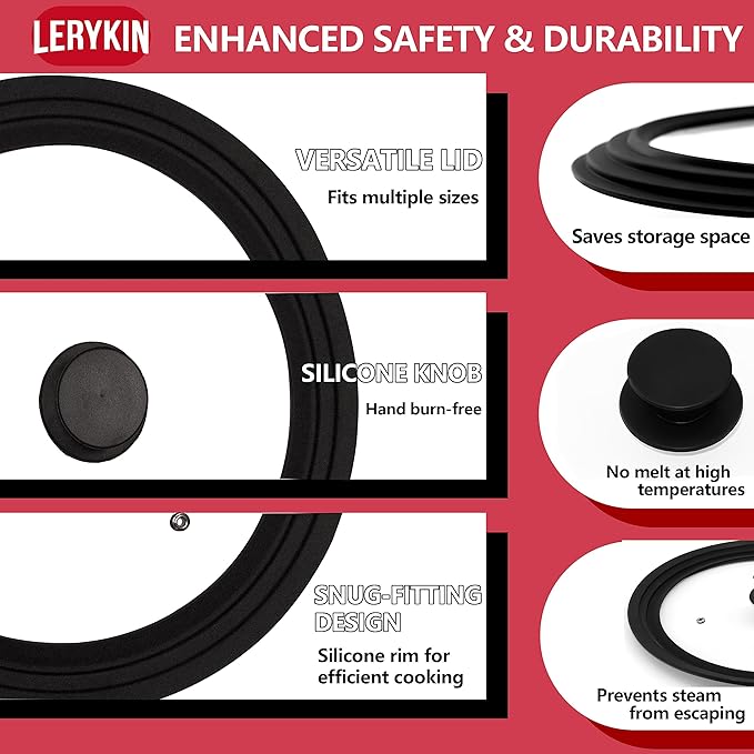 Tempered Glass Lid - Universal Lid with Heat Resistant Silicone Rim for Pots, Pans and Skillets - Pan Cover Replacement Lid Fits 10", 11" and 12" Diameter Cookware
