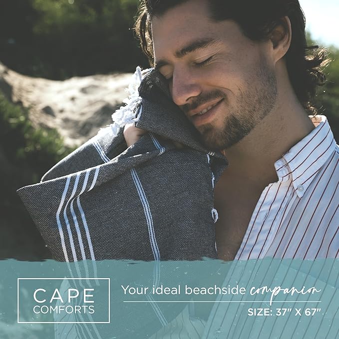 Large Turkish Beach Towel, Classic Black - Super Soft & Lightweight Quick Dry Absorbent Towels for Beach, Picnic Blanket or Bath Towel - Sand Free Organic Turkish Cotton Yarn