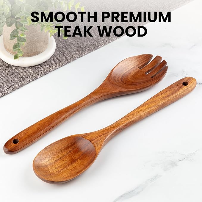Zulay Kitchen Teak Wood Utensil Set – 2 Piece Large Wooden Salad Serving Spoon and Fork, Handcrafted Natural Teak Wood Kitchen Utensils, Durable, Nonstick Safe & Smooth Finish