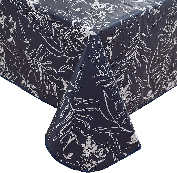 Walrus Heavy Duty Vinyl Tablecloth with Flannel Backing Waterproof Oil-Proof Plastic Table Cloth Stain-Resistant Wipeable Rectangle or Square Table Cover for Indoor and Outdoor (Blue Leaf,60x84 Inch)