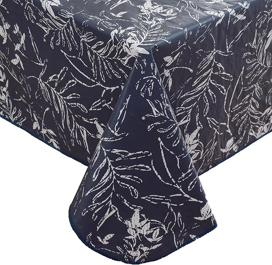 Walrus Heavy Duty Vinyl Tablecloth with Flannel Backing Waterproof Oil-Proof Plastic Table Cloth Stain-Resistant Wipeable Rectangle or Square Table Cover for Indoor and Outdoor (Blue Leaf,60x84 Inch)