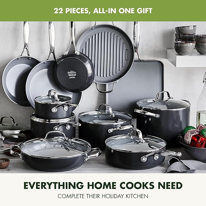 GreenPan 22 Piece Valencia Pro Ceramic Nonstick Cookware Set, PFAS-Free, Induction Ready, Hard Anodized Pots & Pans with Lids, Compatible on All Cooktops, Dishwasher & Oven Safe, Gray