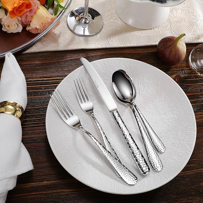 KEAWELL Premium 20/45/65 Piece Louise Hammered Silverware Set with Round Edge, 18/10 Stainless Steel, Service for 4/8/12, Fine Flatware Set, Dishwasher Safe (45)