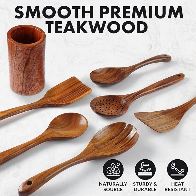 Zulay Kitchen 7-Piece Wooden Cooking Spoons Set – Heat-Resistant, Smooth Teak Utensils with Comfort Grip – Lightweight & Durable – Easy to Clean, Perfect for Non-Stick Cookware