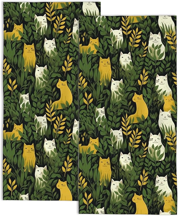 Hand Towels for Bathroom Set of 2,Cute Cats and Green Plants Decorative Soft Bathroom Towels for Kitchen Bath Towels Art Guest Gym Spa 14x28in