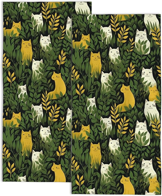 Hand Towels for Bathroom Set of 2,Cute Cats and Green Plants Decorative Soft Bathroom Towels for Kitchen Bath Towels Art Guest Gym Spa 14x28in