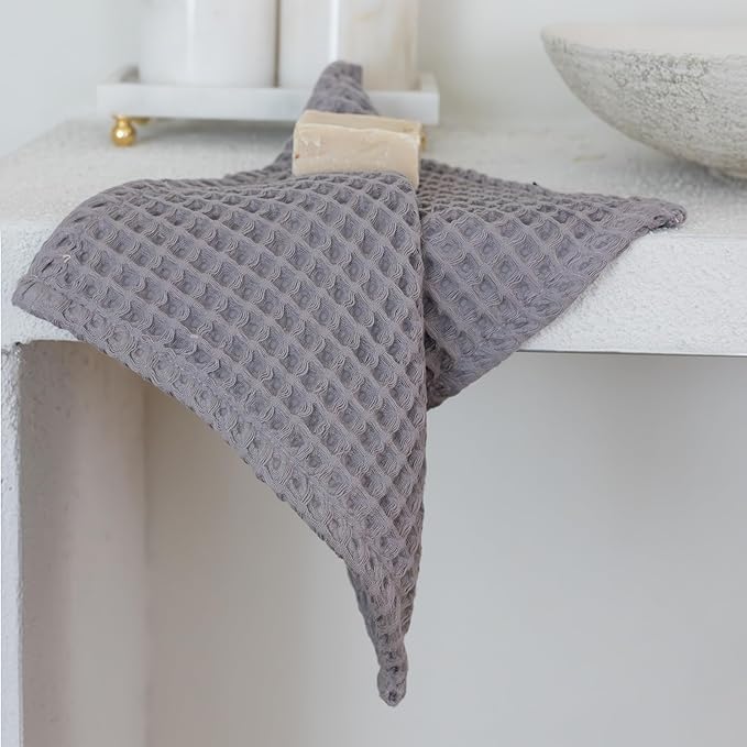 2-Piece Waffle Towels Set for Bathroom Gray - Soft 100% Turkish Cotton Quick-Dry Lint-Free Waffle Weave Thin Bath and Hand Towels (Gray, Set of 2 Mix Towels)