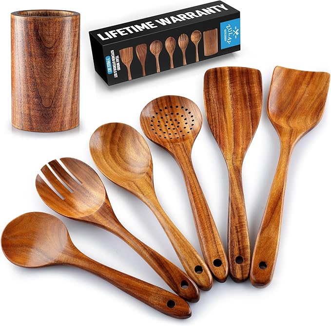 Zulay Kitchen 7-Piece Wooden Cooking Spoons Set – Heat-Resistant, Smooth Teak Utensils with Comfort Grip – Lightweight & Durable – Easy to Clean, Perfect for Non-Stick Cookware