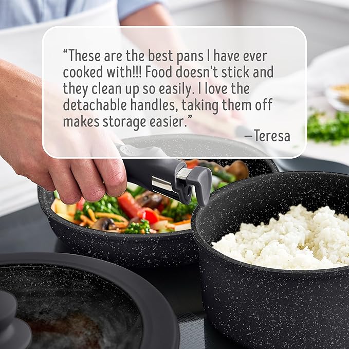 GreenLife 10 Piece Nonstick Pots & Pans Set, Detachable Handle & Stackable Cookware Set, Non Toxic PFAS-Free Skillets, Induction Kitchen Pans, Space Saving, Serving Bowls, Oven Safe, Granite Black