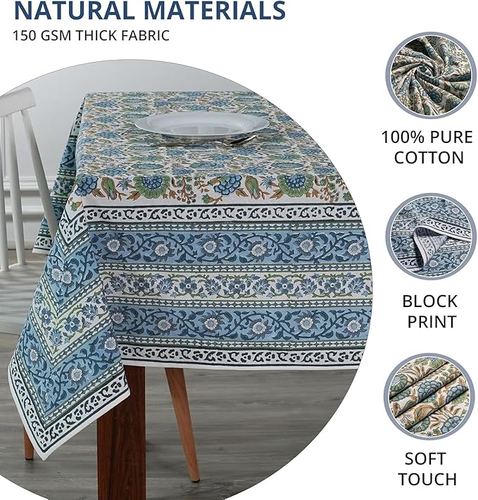 Ridhi Asparagus Green Hand Block Print Cotton Rectangle Tablecloth 102" x 48" inches Reusable Table Cover Decorative Everyday Use for Dining, Farmhouse, Home, Party, Festive, Wedding, Fall