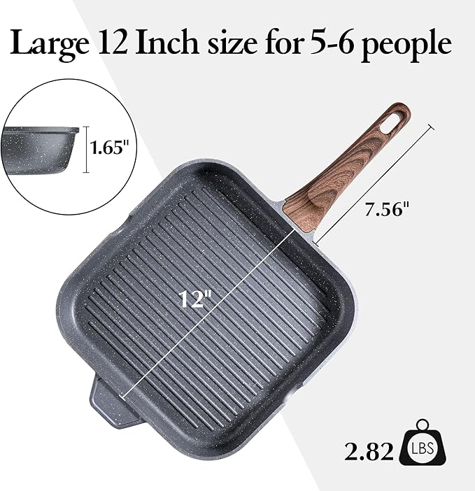 SENSARTE Nonstick Grill Pan for Stove Tops, Versatile Griddle with Pour Spouts, Square Big Cooking Surface, Durable Skillet Indoor & Outdoor Grilling. PFOA Free,12Inch
