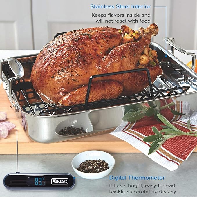 Viking 3-Ply Stainless Steel Roasting Pan with Non Stick Rack, 16 x 13 Inch Kitchen Cookware, Great for Turkey, Includes Probe Thermometer, Dishwasher and Oven Safe, Induction Ready, Silver