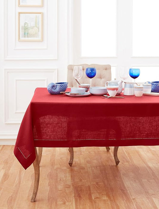 Solino Home Linen Tablecloth 60 x 120 Inch - Classic Hemstitch 100% Pure Linen Red Table Cloth for Rectangle Tables - Machine Washable Tablecloth for Valentines, Winter, New Year