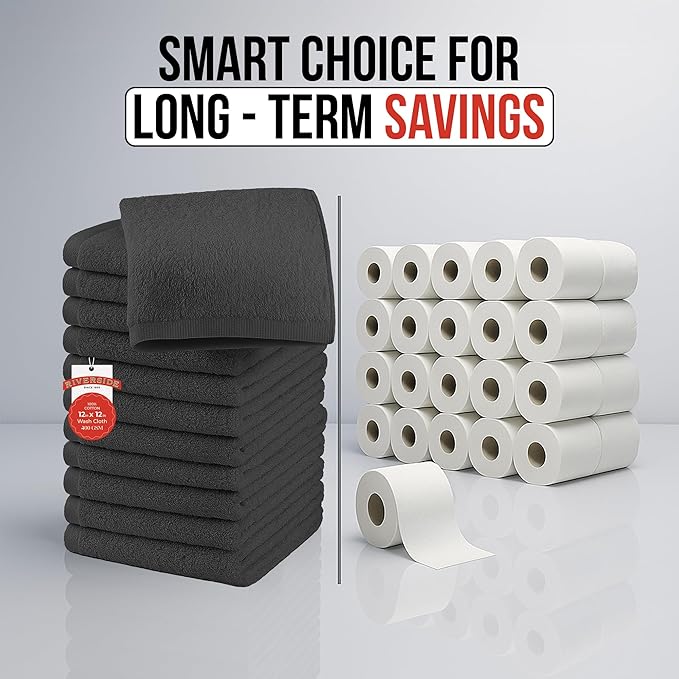 RIVERSIDE 12 Pack Washcloths - 12x12 Inches, 400 GSM, 100% Ring-Spun Cotton - Soft, Absorbent & Durable Face and Body Towels - for Bathroom, Spa, Gym, Makeup Removal & Everyday Use - Charcoal