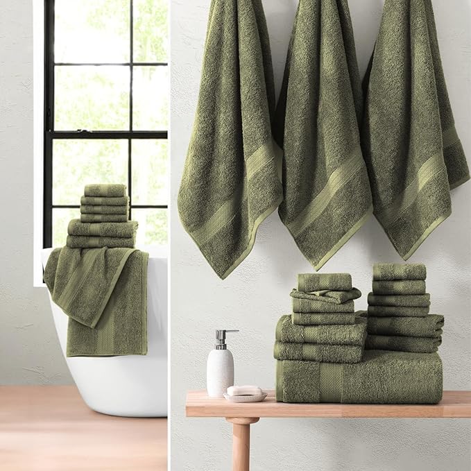 LANE LINEN Cotton Towels for Bathroom - 24 PCs - Highly Absorbent, Durable & Soft - 4 Bath, 4 Fingertip, 6 Hand Towels, 8 Washcloths, 2 Bath Sheets - Family Bundle Pack - Oil Green