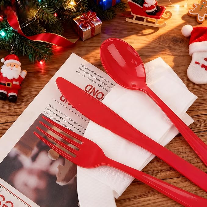 WDF 160 Piece Red Plastic Silverware - Heavy Duty Christmas Silverware of 80 Forks, 40 Spoons, 40 Knives - Red Plastic Utensils Perfect for Christmas Party & Daily Using