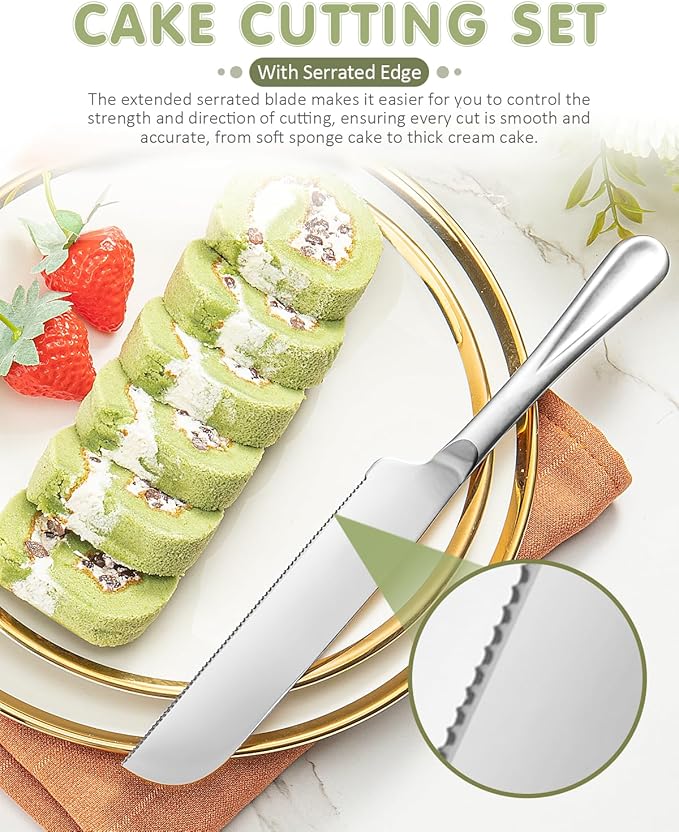 2-Piece Premium Cake Cutting Set, Exquisite Knife and Server with Serrated Design, Includes Cake Knife and Pie Spatula for Pastry, Pizza and Desserts (Silver)