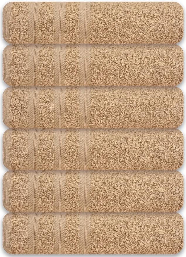 Large Bath Towels Set of 6 – 24" x 50" – 100% Cotton Terry – Durable, Soft & Quick Dry – Beige Multipurpose Towels for Bathroom, Gym, Spa, Pool & Daily Use