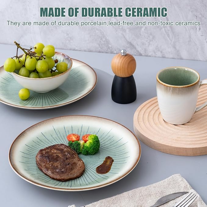 Dinnerware Set Green Stoneware 16 Pieces Service for 4, Stoneware Plates and Bowls Set Highly Chip Dishwasher Microwave Safe Dishes set