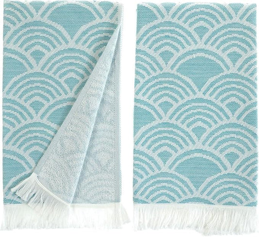 sea me at home Turkish Hand Towels for Bathroom, Kitchen Towels Decorative Set of 2, Luxury Turkish Cotton Dish Tea Towels 14 x 30 Inches for Modern, Boho, and Farmhouse Decor (Turquoise Waves)
