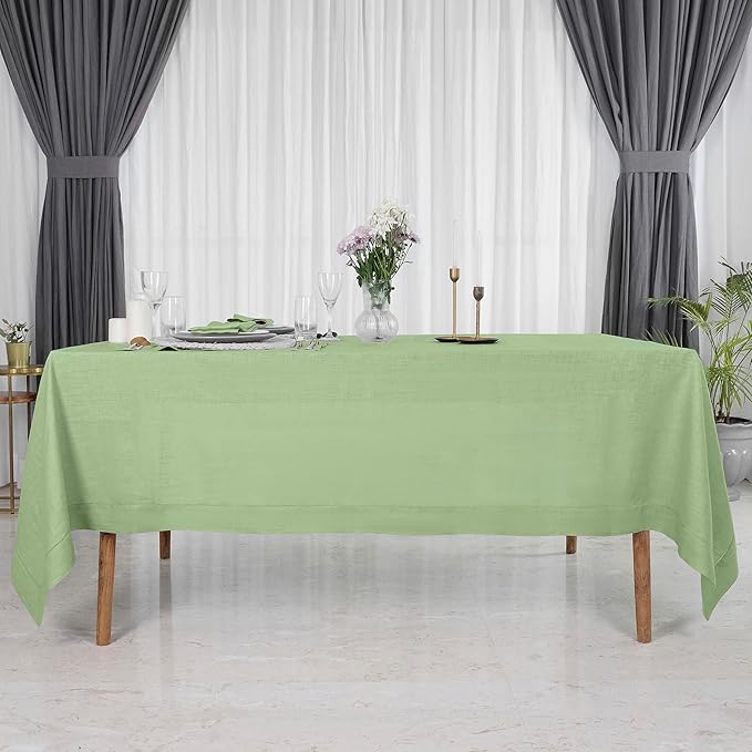 D'Moksha Homes Sage Green Linen Tablecloth for Rectangle Tables 60 x 144 Inch - 100% Pure Linen Green Table Cloth - Classic Hemstitch, Machine Washable Dining Tablecloth for Winter, Holiday