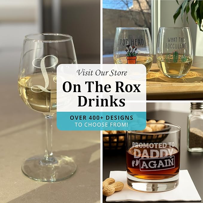 (E-Monogram)- 4 Piece Set of 11 Ounce Engraved Heavy Base Rocks Glasses Elegant Glass-Multi-Purpose Beverage-Rocks Glass- Gift for any Occasion- By: On The Rox