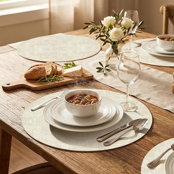 15 inch Faux Leather Round Placemats Set of 4 Non-Slip Washable Wipeable Table Mats, Heat Resistant Waterproof Oilproof Place Mats for Kitchen, Dining, Party, Indoor, Outdoor Beige