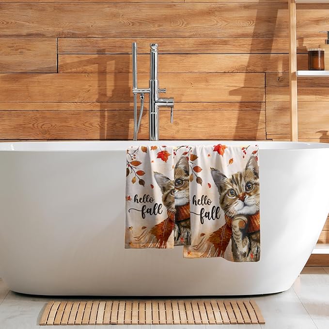 Imiss Fall Maple Leaf Hand Towels - Watercolor Cat Decorative Bathroom Towel Small Fingertip Towels Set of 2 Autumn Seasonal Guest Towels for Gym,Spa,Hotel