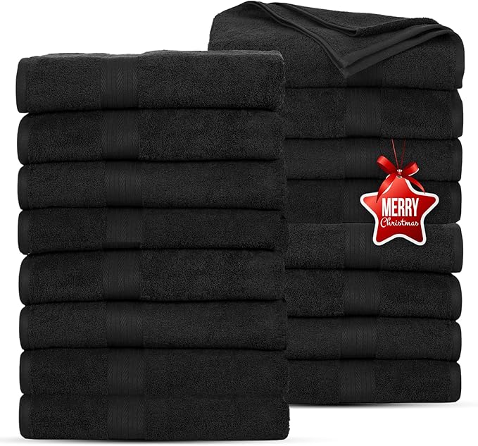 Ample Decor Bath Towels Pack of 16 600 GSM 100% Cotton, Absorbent Soft Premium Quality Machine Washable, Oeko Tex Certified, for Bathroom, Hotel, Spa, Gym, Kitchen - Black - 30 X 54 Inch