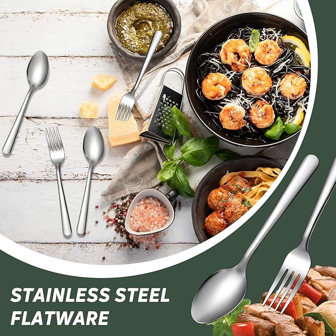 BBTO 100 Pcs Forks and Spoons Silverware Set Bulk Stainless Steel Flatware Cutlery Set 6.7'' Kitchen Utensils for Home Restaurant 50 Dinner Fork, 50 Teaspoon, Mirror Polished, Dishwasher Safe