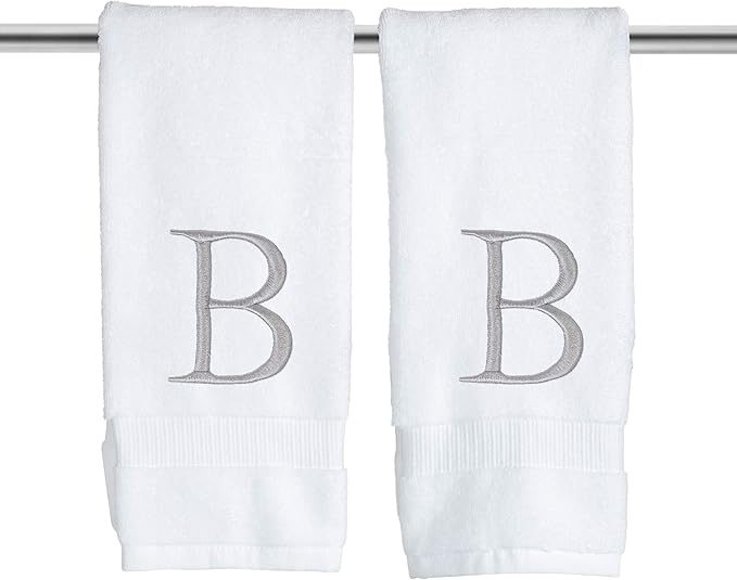 Monogrammed Hand Towels for Bathroom - Luxury Hotel Quality Personalized Initial Decorative Embroidered Bath Towel for Powder Room, Spa - GOTS Organic Certified - Set of 2 Letter B