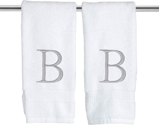 Monogrammed Hand Towels for Bathroom - Luxury Hotel Quality Personalized Initial Decorative Embroidered Bath Towel for Powder Room, Spa - GOTS Organic Certified - Set of 2 Letter B