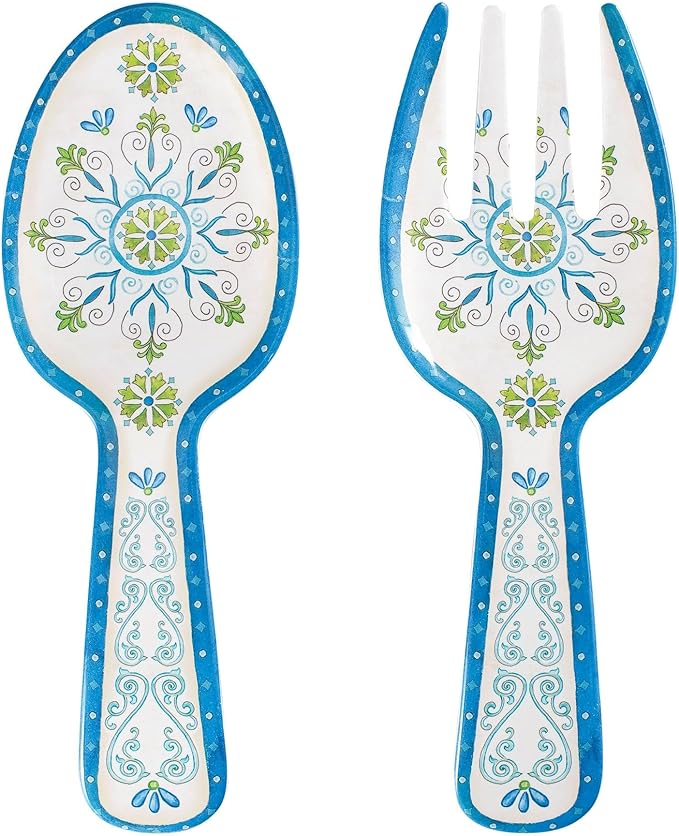 UPware Jewel Medallion Melamine Salad Servers, Serving Utensil Set, Includes Serving Fork and Spoon for Tossing Salad, Pasta, Blue, 10.75 Inch, Set of 2