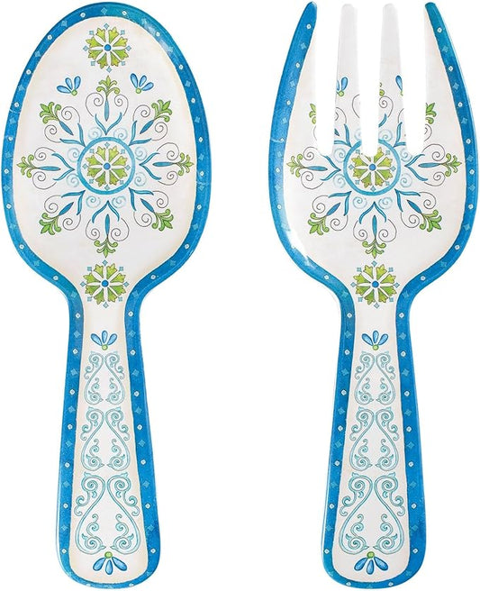 UPware Jewel Medallion Melamine Salad Servers, Serving Utensil Set, Includes Serving Fork and Spoon for Tossing Salad, Pasta, Blue, 10.75 Inch, Set of 2