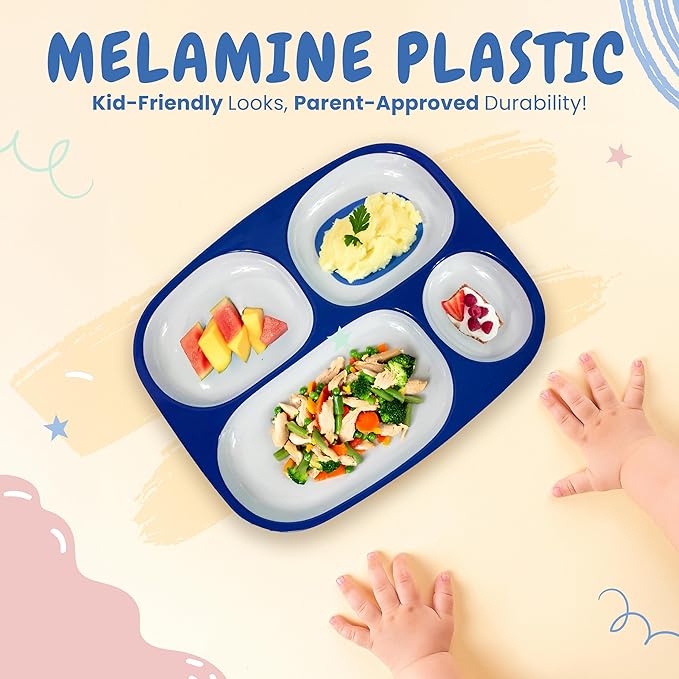4E's Novelty Set of 4 Melamine Dinner Plates for Kids Boys - Divided Plates for Picky Eater, BPA Free, Toddler Eating Essentials, Boy Dinnerware Set