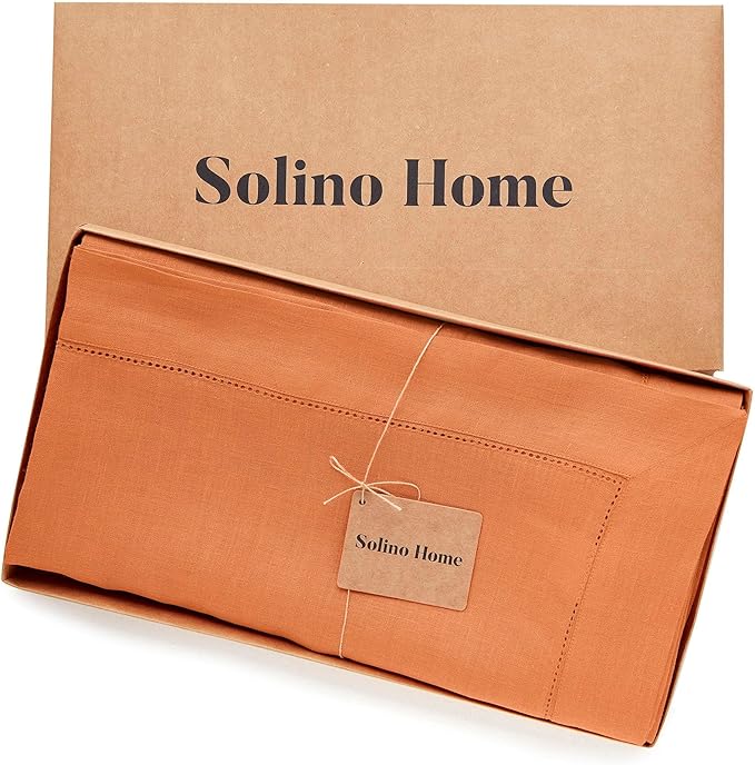 Solino Home Linen Tablecloth 60 x 156 Inch - Classic Hemstitch 100% Pure Linen Pumpkin Table Cloth for Rectangle Tables - Machine Washable Tablecloth