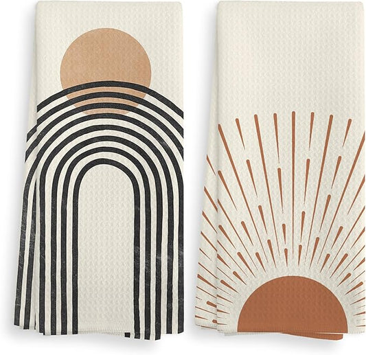 Boho Black Sun Sunrise Sunshine Rainbow Kitchen Towels and Dishcloths Sets of 2,Bohemian Absorbent Drying Cloth Hand Towels Tea Towels for Bathroom,Boho Gifts for Women Girls,16×24 inches (brown2)