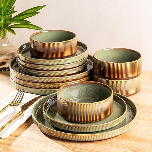 TheTerra Ceramic Dinnerware Sets for 4, 12 Pieces Porcelain Lightweight Plates and Bowls Sets, Scratch Resistant Dish Set, Oven & Microwave & Dishwasher Safe, Sage Umber
