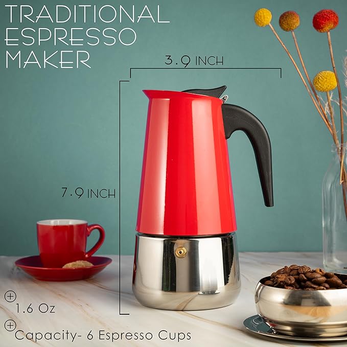 Mixpresso Red 6 Cup Greca Stovetop Espresso Pot 300ml/10oz, Moka Pot with Coffee Percolator Design, Stainless Steel Stove Top Coffee Maker for Camping or Home Use,Italian Stovetop Espresso Maker
