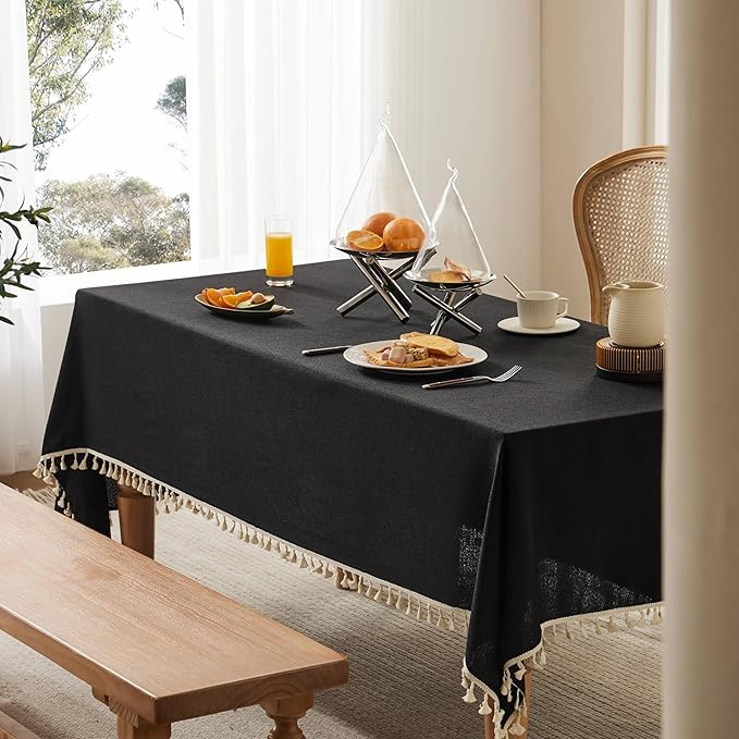 Linen Tablecloth with Tassels, Farmhouse Style Black Tablecloth, Water Resistant Burlap Tablecloths for Rectangle Table, 52x70 Inch Black