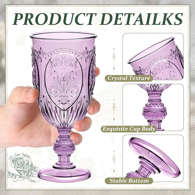 24 Pcs Plastic Goblets 7.5oz Vintage Goblet Plastic Wine Glasses Colored Retro Embossed Water Goblets for Wine Bar Juice Baby Shower Wedding Reception Grand Event Party (Purple)