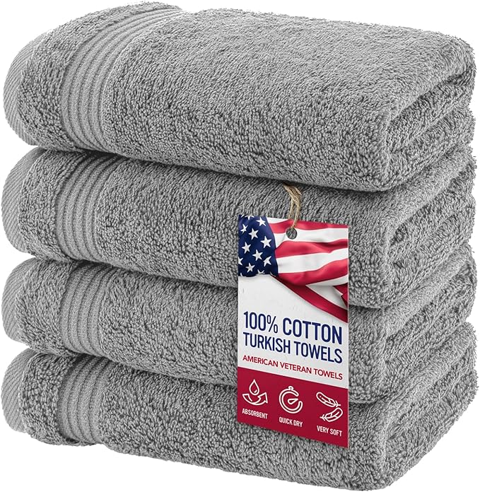American Veteran Towel, Hand Towels for Bathroom Set of 4, 100% Cotton Turkish Hand Towel Sets, Soft Hand Face Towels, Light Grey Hand Towels
